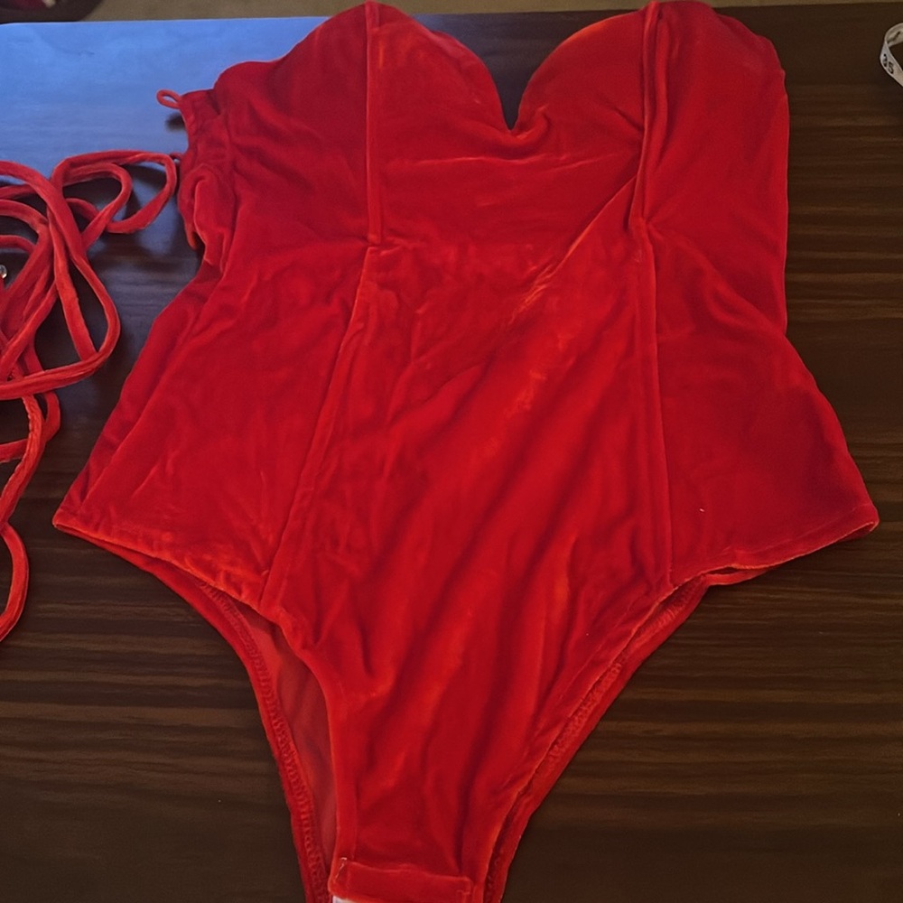 Dark Red plunging front,back lace up,velvet body suit size M. Removable pads